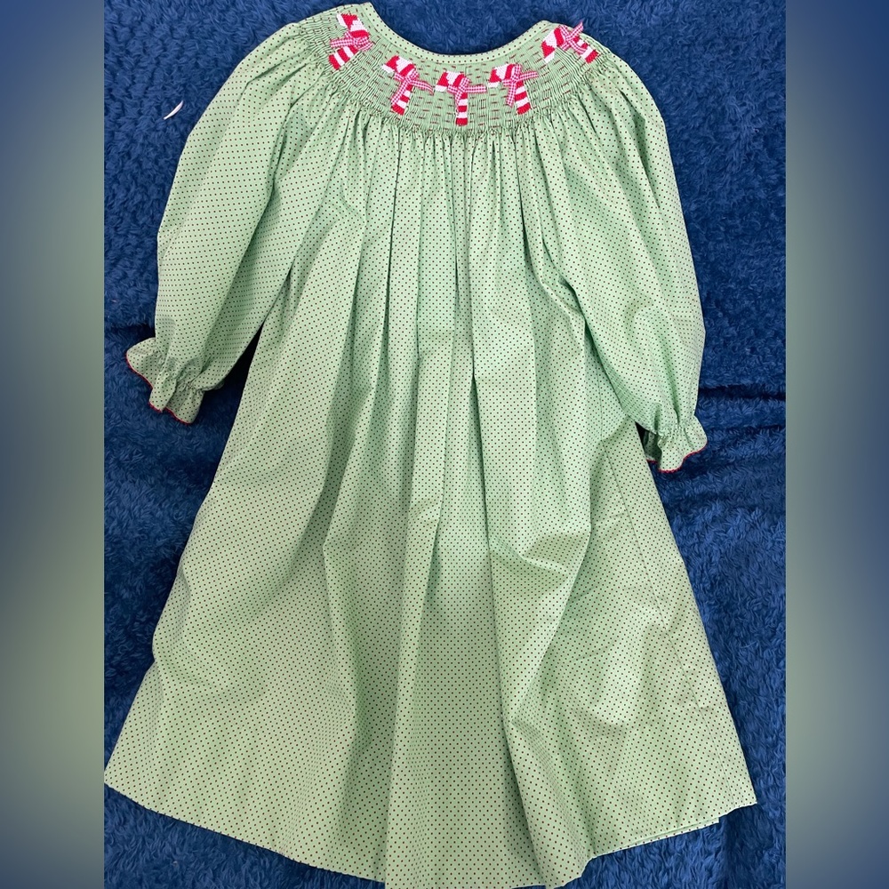 Smocked dress, size 5, green with red candy canes